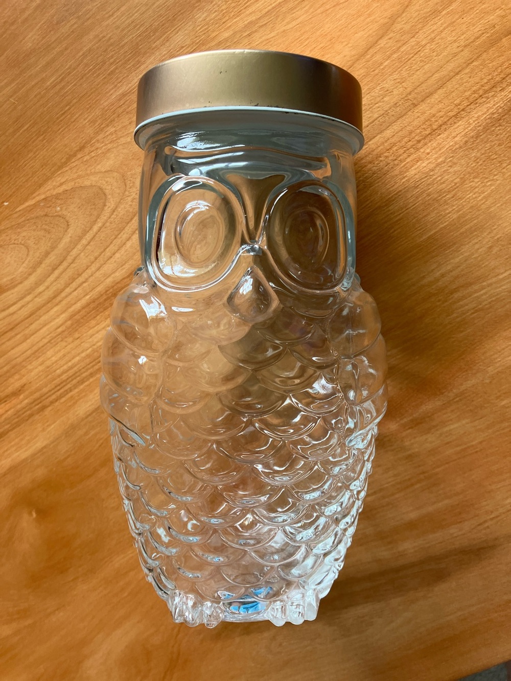 Clear Owl-Shaped Glass Storage Jar with Gold Lid